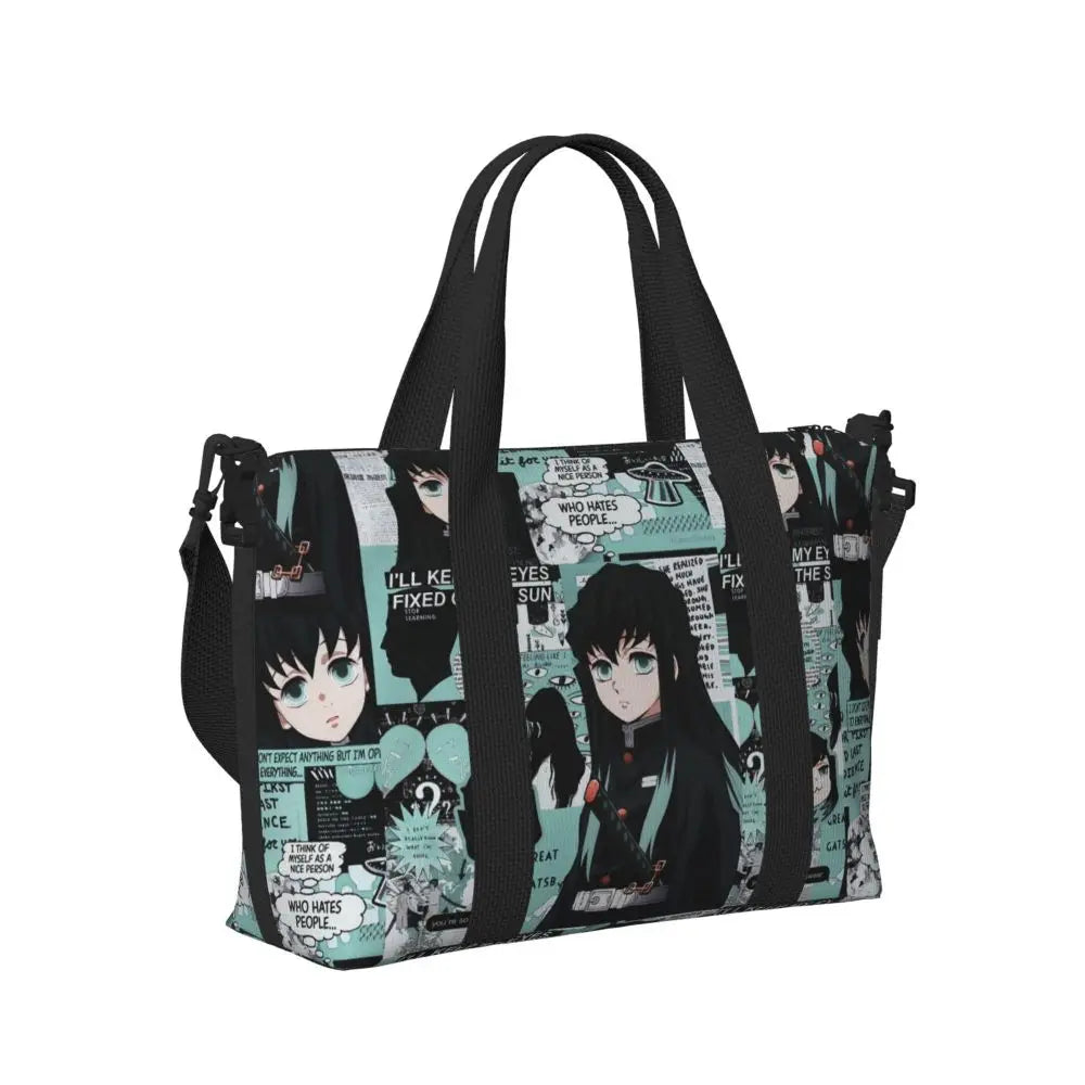 Custom Demons Slayers Anime Manga Beach Tote Bag for Women Tanjiro Kamado Nezuko Big Compartment Gym Beach Travel Bags
