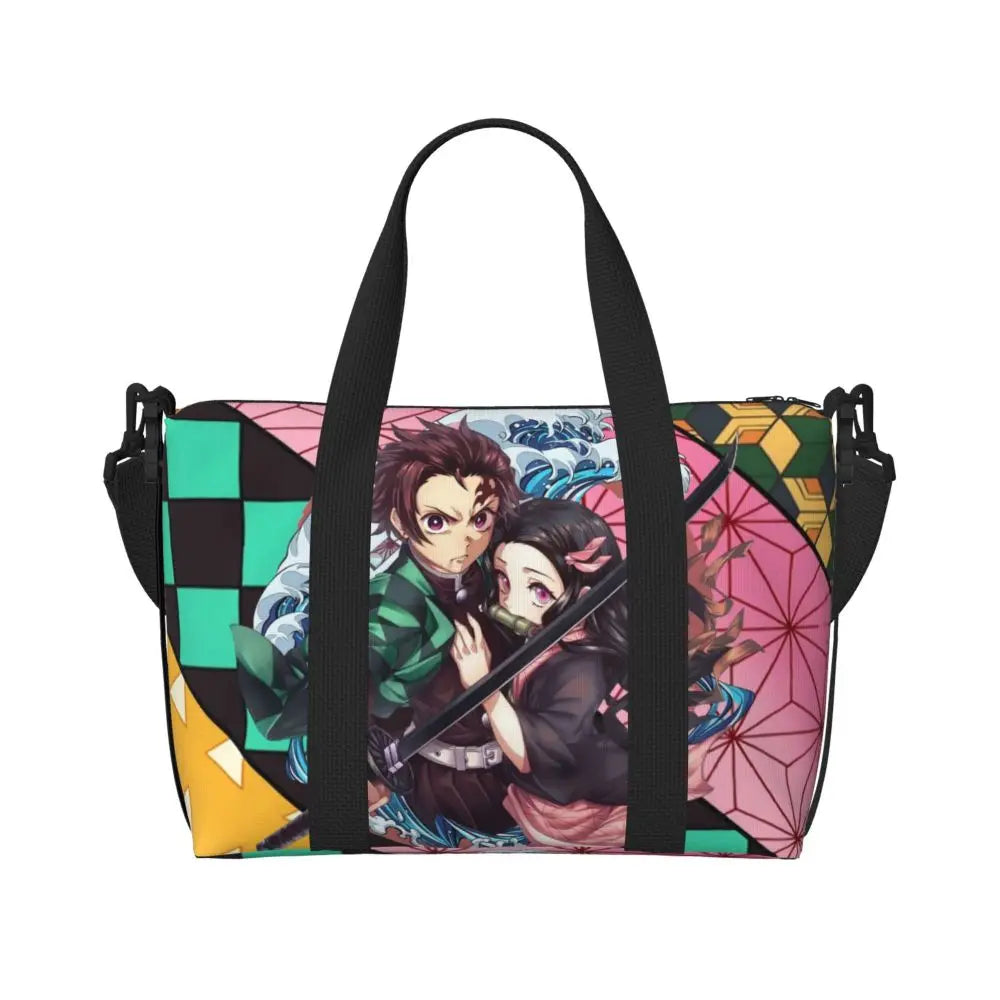 Custom Demons Slayers Anime Manga Beach Tote Bag for Women Tanjiro Kamado Nezuko Big Compartment Gym Beach Travel Bags