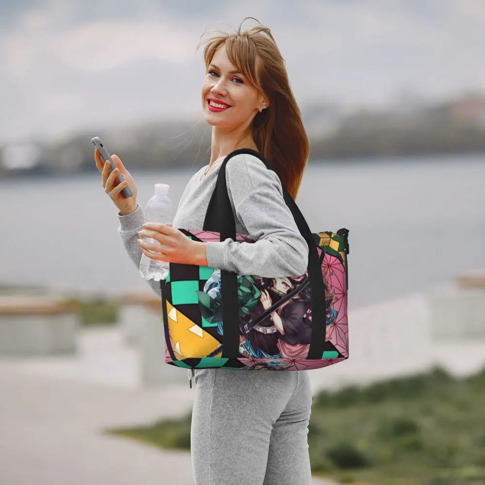 Custom Demons Slayers Anime Manga Beach Tote Bag for Women Tanjiro Kamado Nezuko Big Compartment Gym Beach Travel Bags