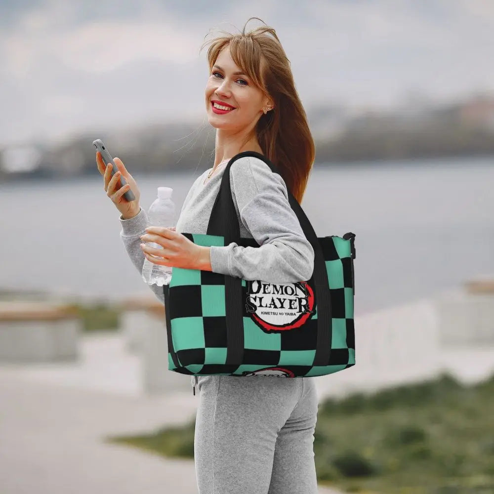 Custom Demons Slayers Anime Manga Beach Tote Bag for Women Tanjiro Kamado Nezuko Big Compartment Gym Beach Travel Bags