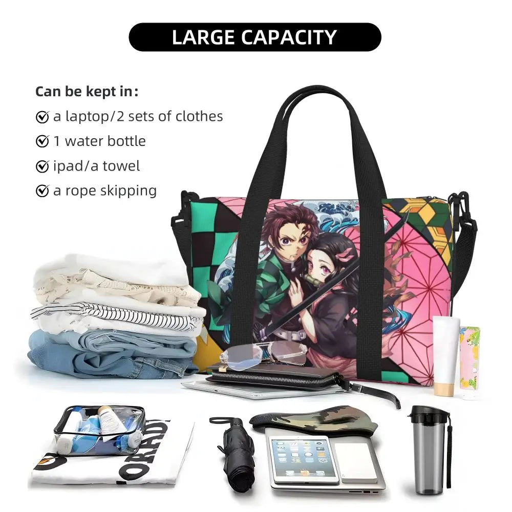 Custom Demons Slayers Anime Manga Beach Tote Bag for Women Tanjiro Kamado Nezuko Big Compartment Gym Beach Travel Bags