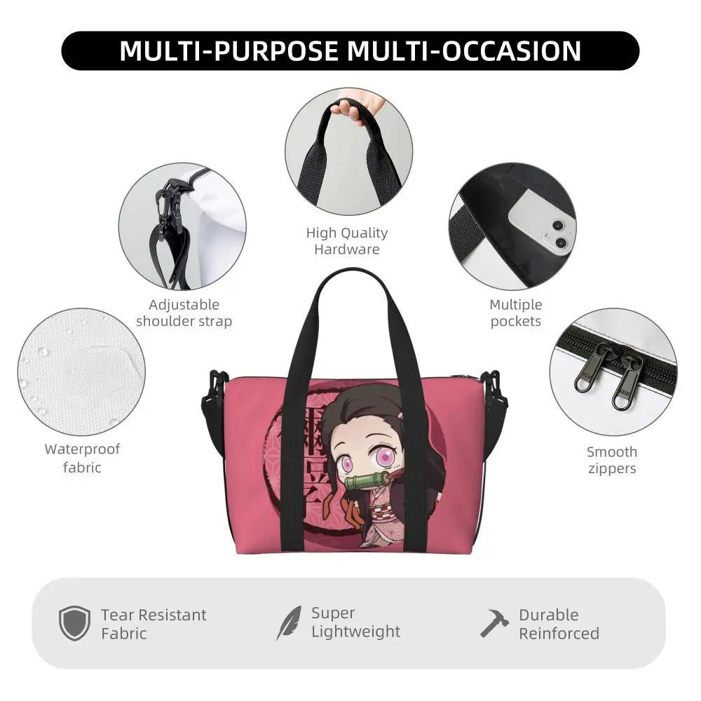 Custom Demons Slayers Anime Manga Beach Tote Bag for Women Tanjiro Kamado Nezuko Big Compartment Gym Beach Travel Bags