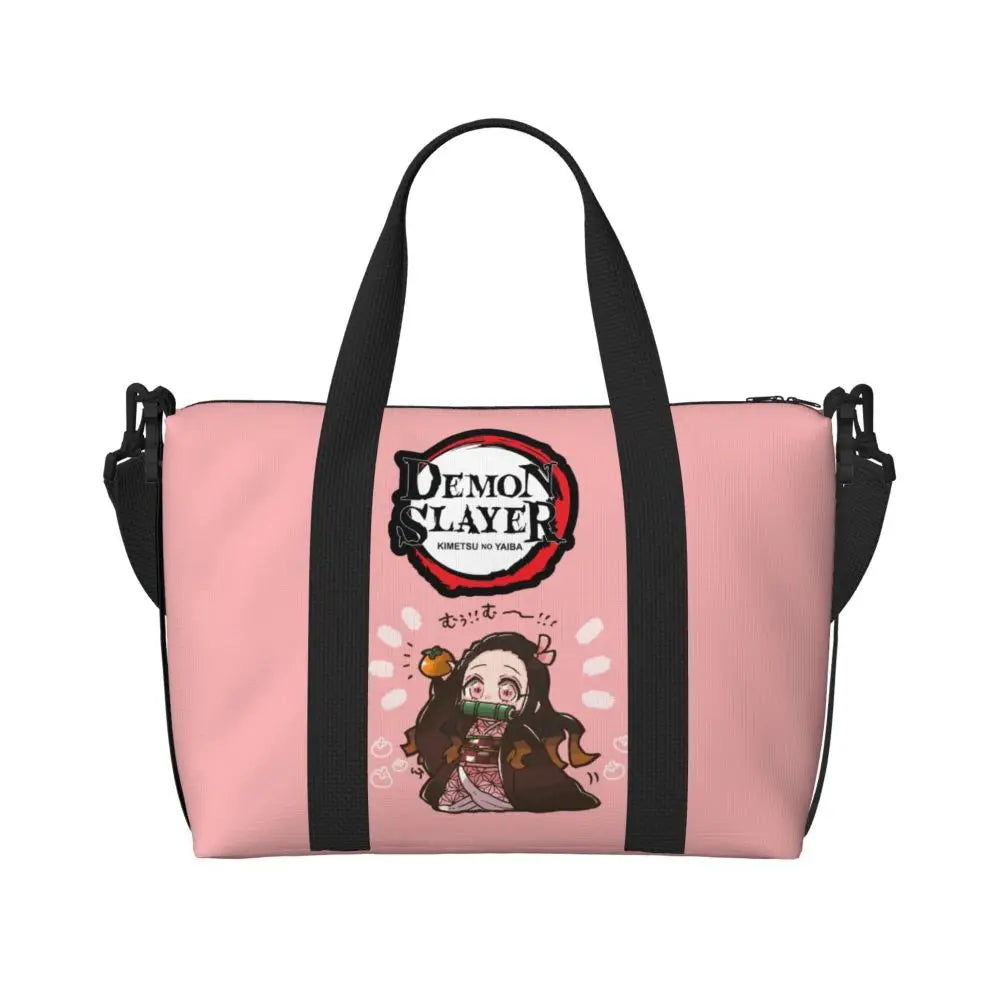 Custom Demons Slayers Anime Manga Beach Tote Bag for Women Tanjiro Kamado Nezuko Big Compartment Gym Beach Travel Bags