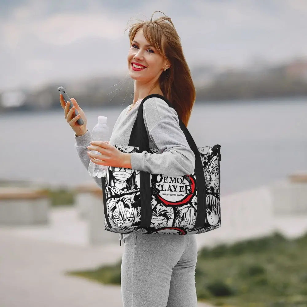 Custom Demons Slayers Anime Manga Beach Tote Bag for Women Tanjiro Kamado Nezuko Big Compartment Gym Beach Travel Bags