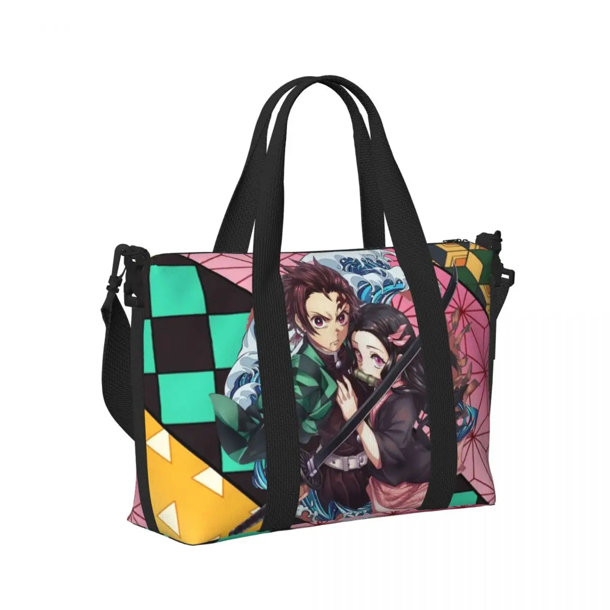 Custom Demons Slayers Anime Manga Beach Tote Bag for Women Tanjiro Kamado Nezuko Big Compartment Gym Beach Travel Bags