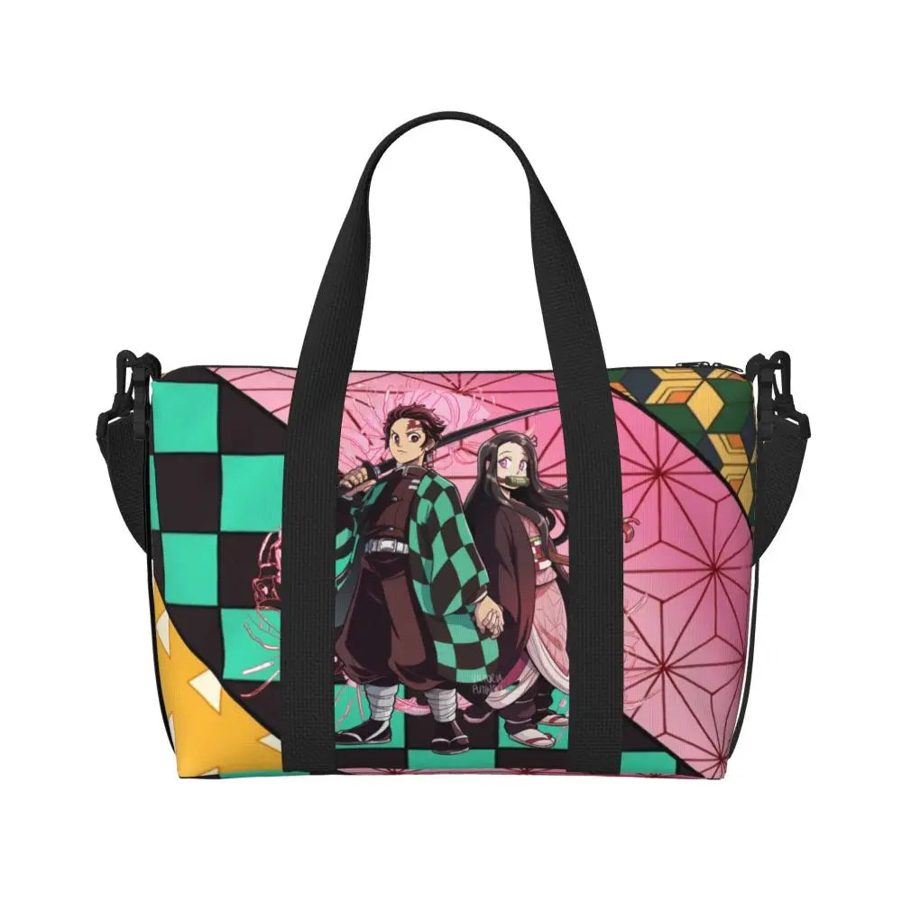 Custom Demons Slayers Anime Manga Beach Tote Bag for Women Tanjiro Kamado Nezuko Big Compartment Gym Beach Travel Bags